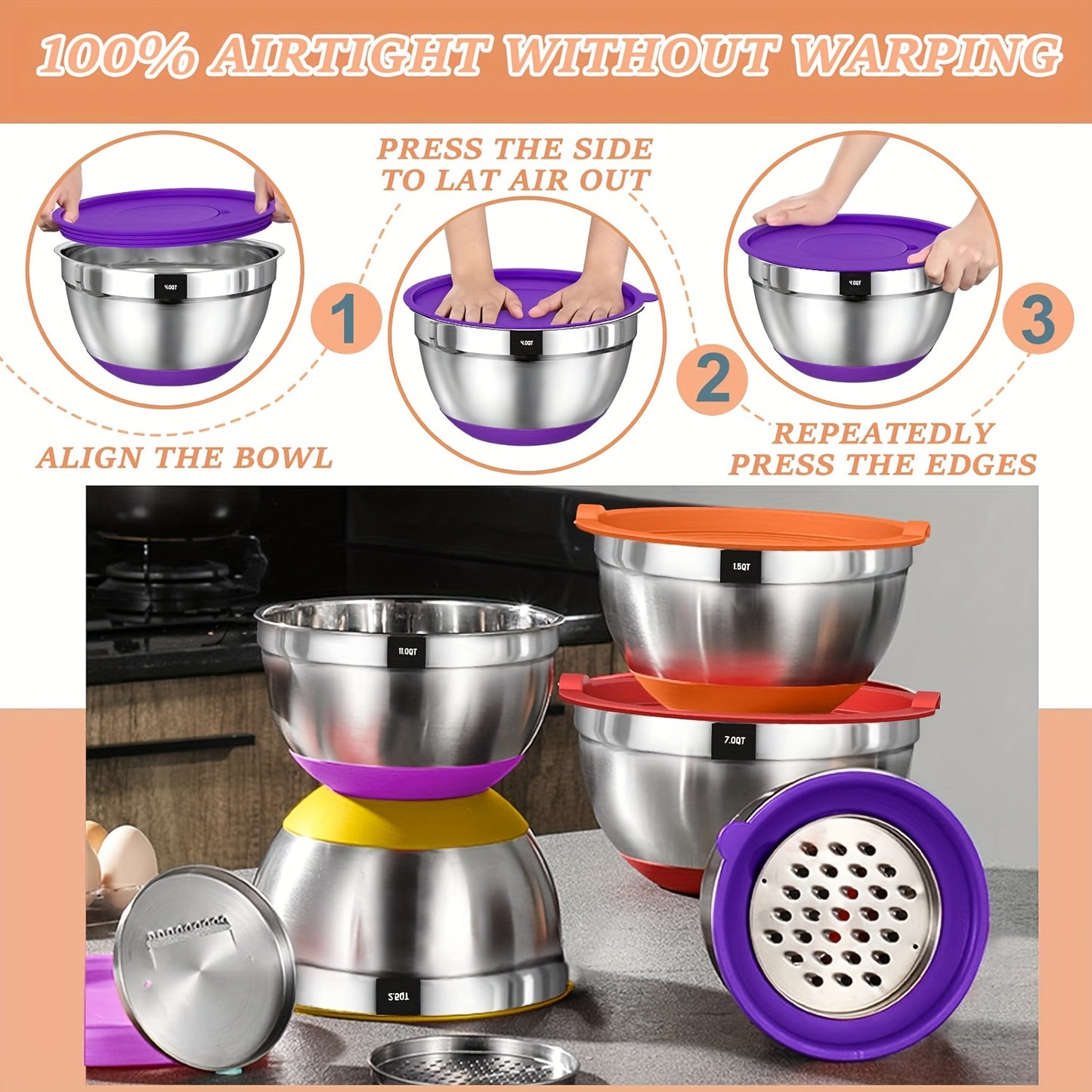 Mixing Bowls with Airtight Lids, 26pcs Stainless Steel Bowls Set, 3 Grater Attachments & Black Non-Slip Bottoms Size 7, 4, 2.5, 2.0, 1.5, 1QT, Great for Mixing & Serving