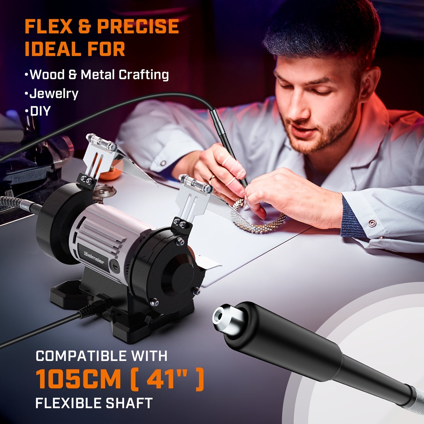 Bielmeier Bench Grinder 3", Rotary Tool with 110pcs Accessories, Bench Buffer Polisher with Long Flexible Shaft (105cm), Ideal for Wood, Jewelry, Metal, Plastic, Stone, Compact Design, Weight Only 3.97LB, Low Noise, Low Vibration, Easy to Use