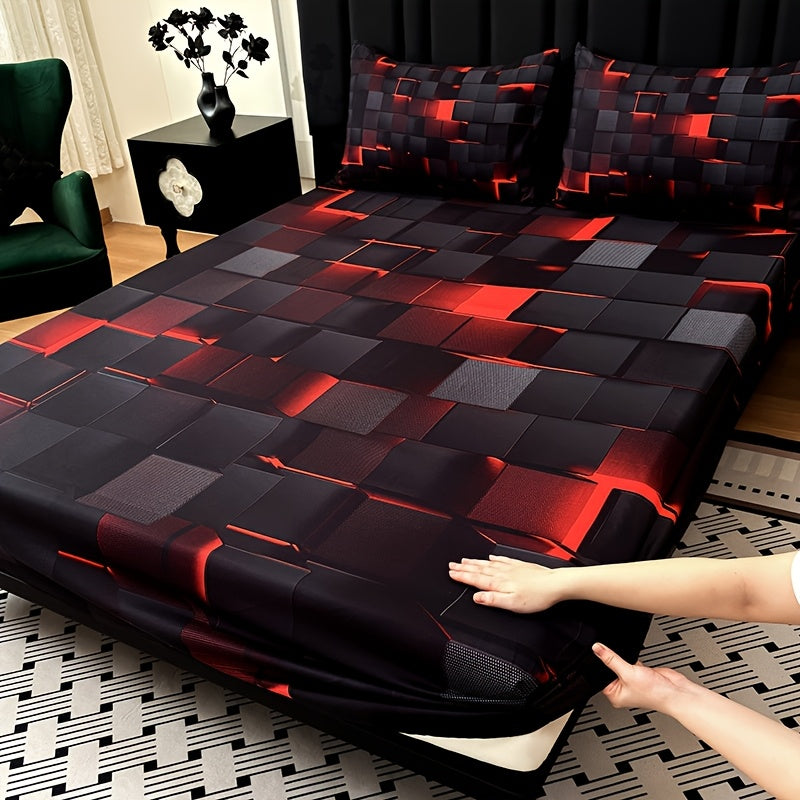 3pcs Cool Technology Digital Printing Material Plaid Fitted Sheet(1pc Bed Sheet+2pcs Pillowcase No Filling) Deep Pocket In 15 Inch, At Home Dormitory Suitable for All Seasons Mattress Protector