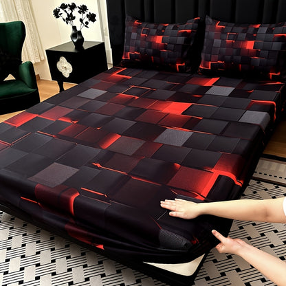 3pcs Cool Technology Digital Printing Material Plaid Fitted Sheet(1pc Bed Sheet+2pcs Pillowcase No Filling) Deep Pocket In 15 Inch, At Home Dormitory Suitable for All Seasons Mattress Protector