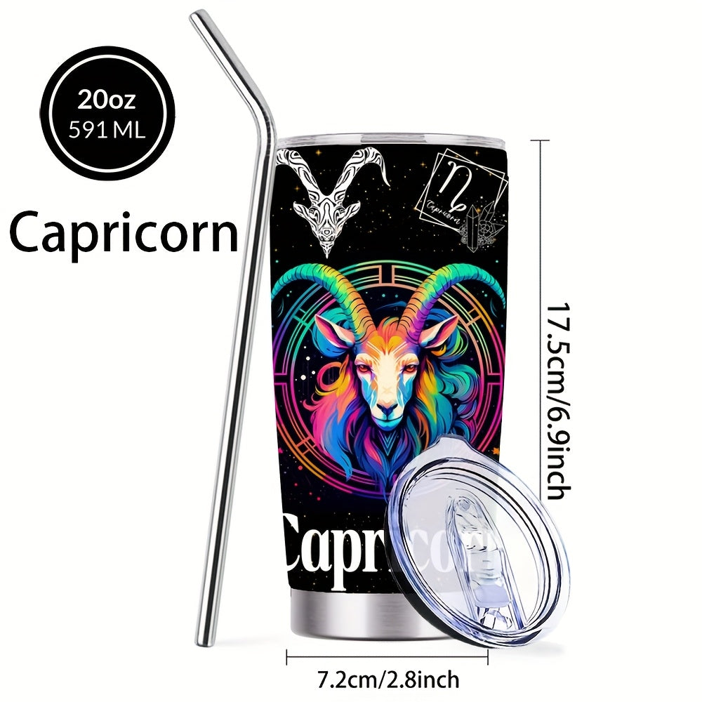 Zodiac Sign Design Coffee Mug, 304 Stainless Steel Insulated Tumbler With Lid & Straw, Beverage Container Or Travel Cup For Hot & Cold Drinks, 20oz Camping Drinkware, Ideal Gift For Men, Women, Birthday, Holiday, Parties, Thanksgiving Day, Christmas