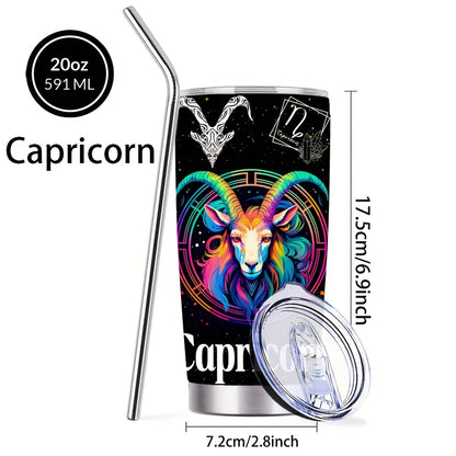 Zodiac Sign Design Coffee Mug, 304 Stainless Steel Insulated Tumbler With Lid & Straw, Beverage Container Or Travel Cup For Hot & Cold Drinks, 20oz Camping Drinkware, Ideal Gift For Men, Women, Birthday, Holiday, Parties, Thanksgiving Day, Christmas