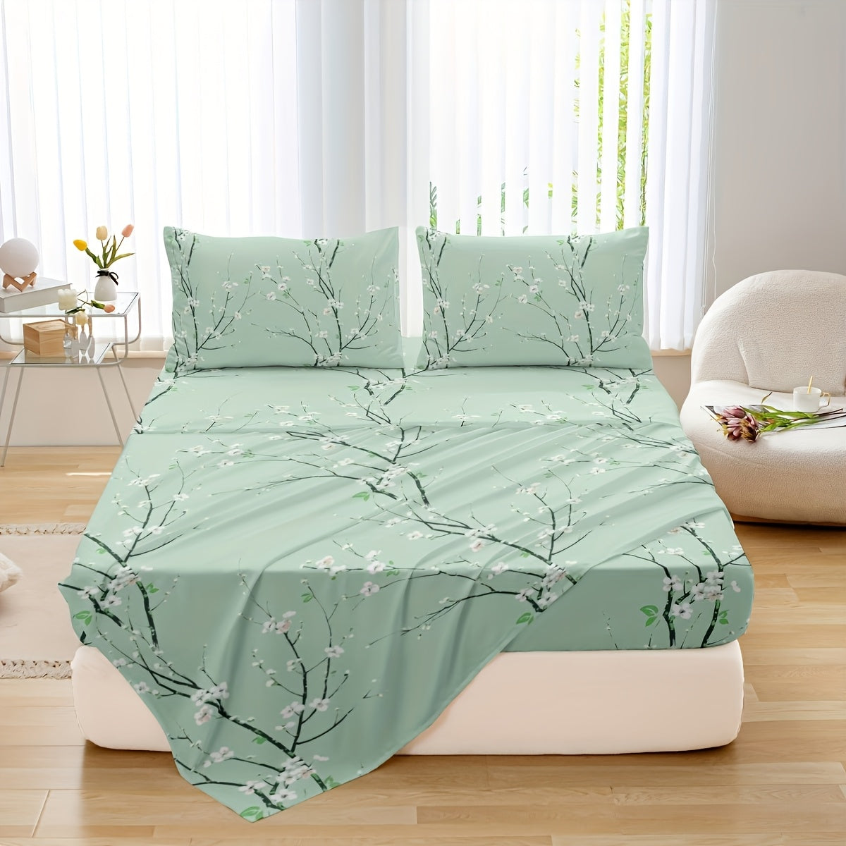 Fitted Sheet Set 4-Piece Plum Blossom Floral Print | Deep Pocket 15" Bed Sheets Twin Full Queen King | Soft Polyester Bedding Set with 2 Pillowcases, All-Season Machine Washable