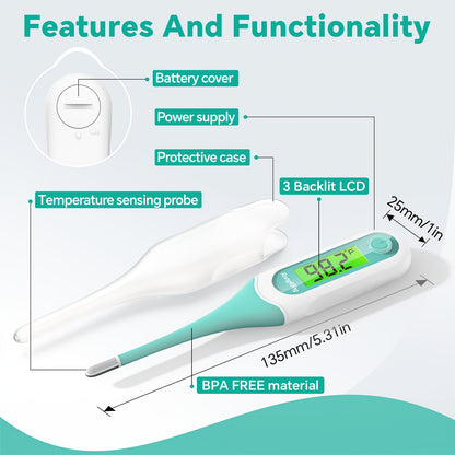 Digital Oral Thermometer for Adults & Kids – 8-Second Fast Read, Bendable Tip, 3-Color Fever Backlight, 32 Memory Records, Rectal Use for Infants, Celsius/Fahrenheit Conversion