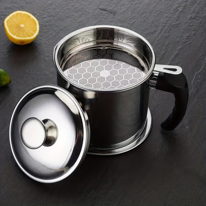 1pc Kitchen Grease Container with Strainer, BPA Free Stainless Steel, Round Shape, Hand Wash Only, Easy Pour Handle, for Storing Cooking Oils and Fats, Essential Kitchen Accessories