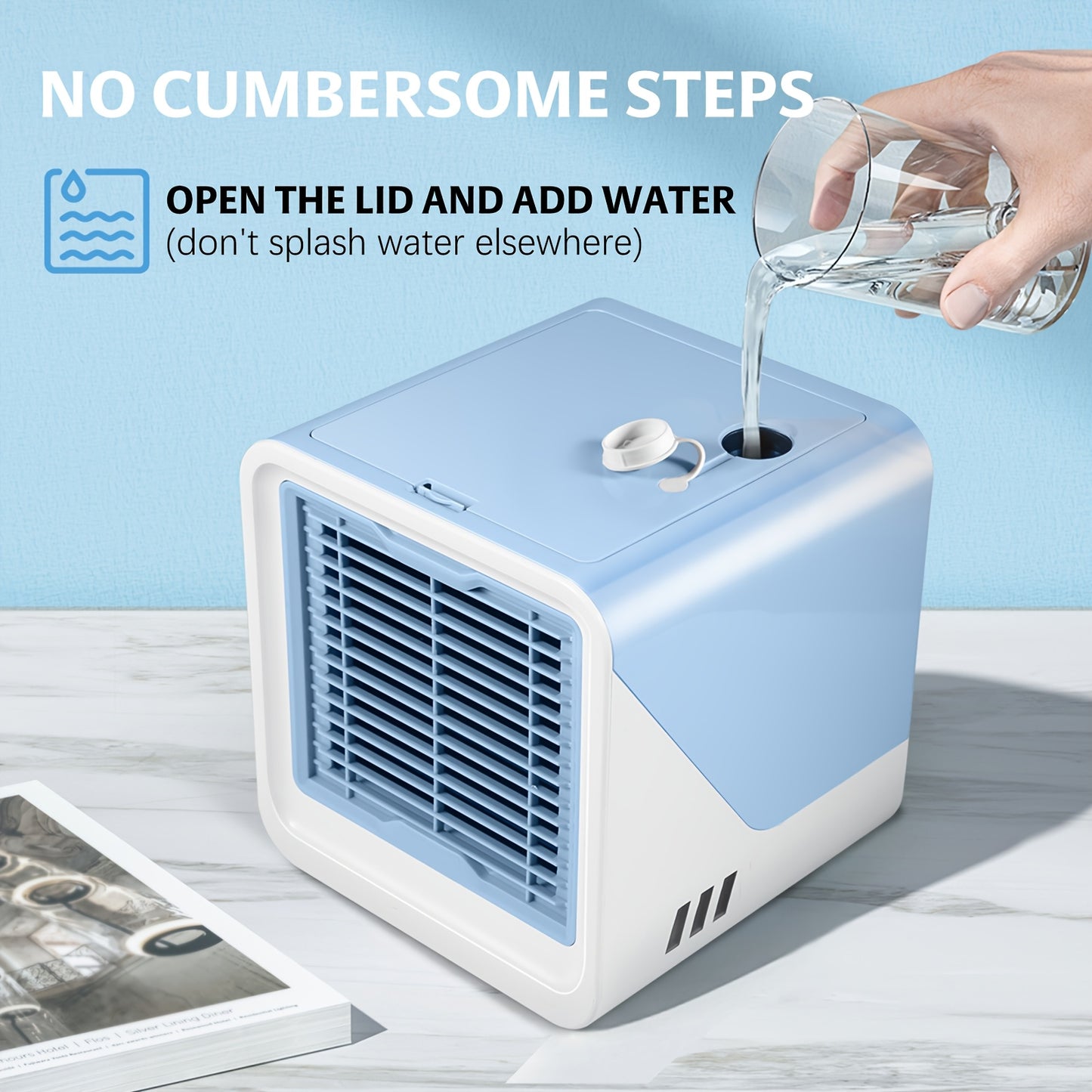 3-in-1 Portable Air Conditioner, Humidifier & Fan with Atmosphere Light - USB-Powered Compact Cooler for Home, Office, Travel - Fast Cooling, Durable ABS Design, Energy-Efficient, Cooling Fan Portable, Home Air Cooler, Sleek Design, Sturdy Build, Small Sp