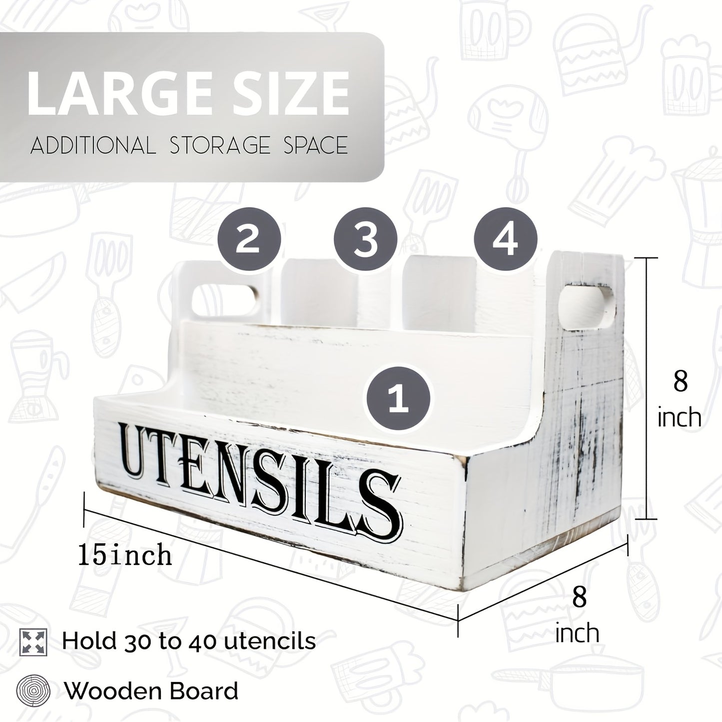 Extra Large Kitchen Utensil Organizer with 4 Compartments, White Wooden Kitchen Utensil Organizer for Kitchen Countertops, Farmhouse Utensil Storage, Rustic Cooking Utensils - White.