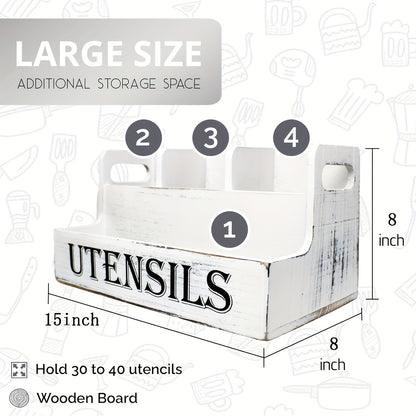 Extra Large Kitchen Utensil Organizer with 4 Compartments, White Wooden Kitchen Utensil Organizer for Kitchen Countertops, Farmhouse Utensil Storage, Rustic Cooking Utensils - White.