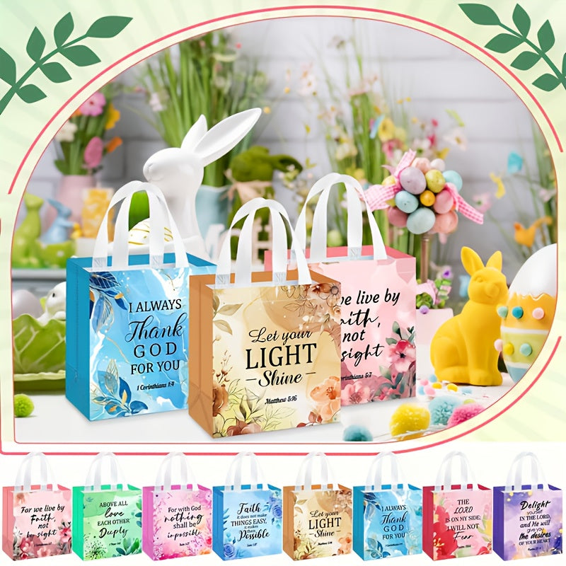 32/64pcs Religious Gift Bags With Handles In 8 Designs, Reusable Flower Bible Verse Gift Bags Bulk For Women & Girl, Non Woven Tote Bag For Church, Wedding, Birthday & Party Supplies