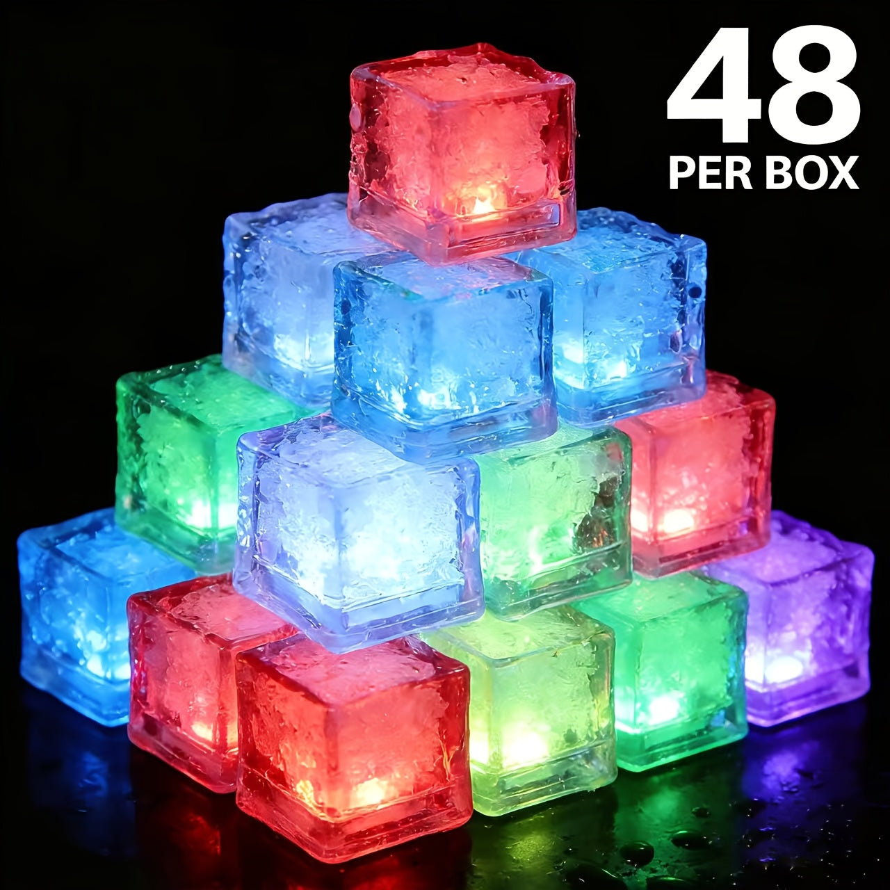 LED Ice Cube Lights Reusable Mixed Color, Flashing Sensory Light-Up Ice Cubes for Bar, Party & Wedding Decoration — Bulk Set of 24 or 48 | Eco-Friendly Promotional Event Lights