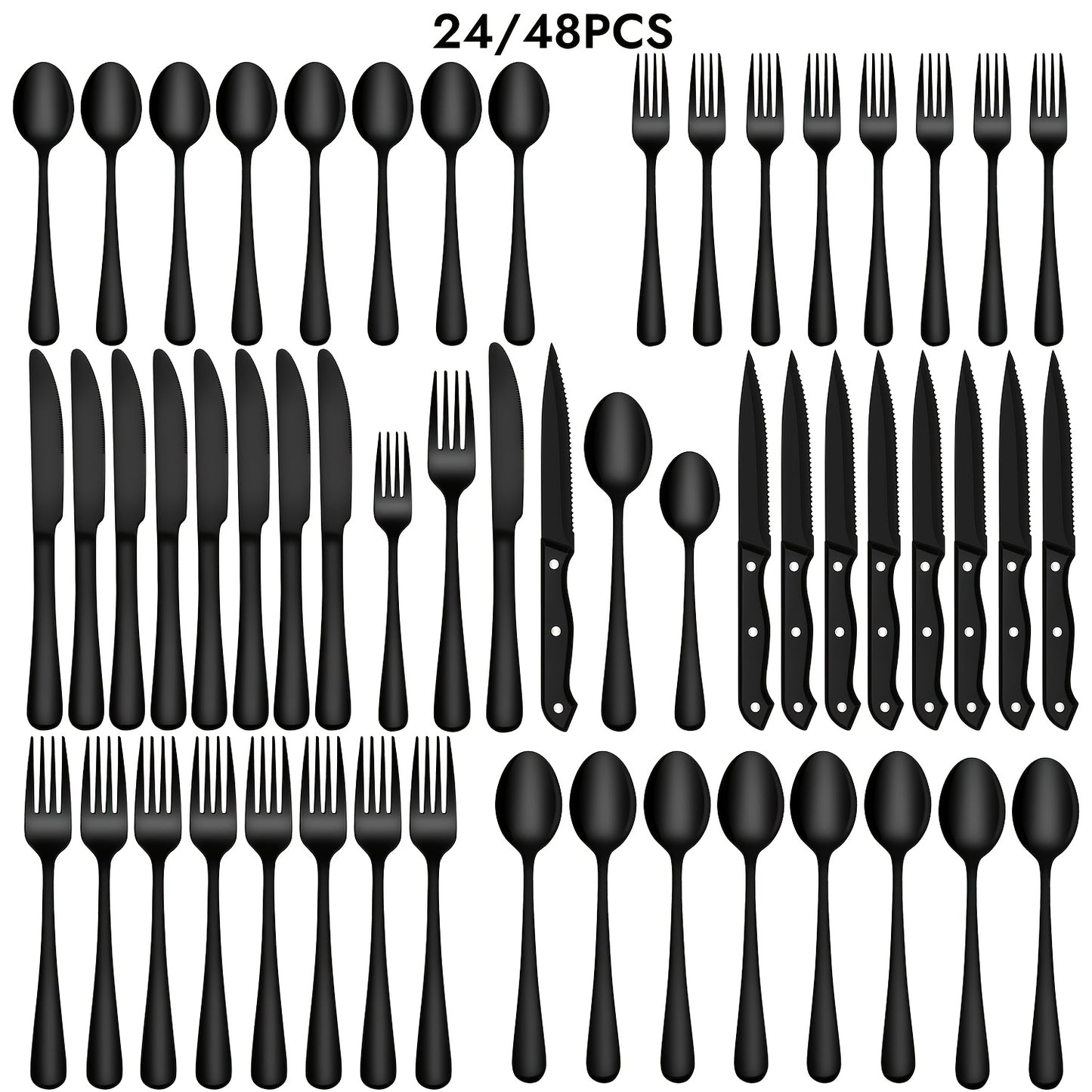 24/48pcs Black Silverware Set With Steak Knives Service For 4/8, Christmas Stainless Steel Flatware Set, Mirror Polished Kitchen Accessories, Home Kitchen Party Eating Tableware Set, Include Fork Knife Spoon Set, Dishwasher Safe (Silver, Black)