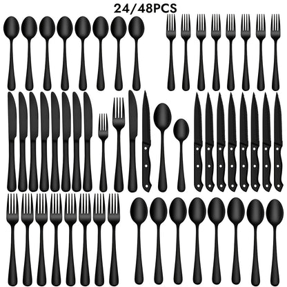 24/48pcs Black Silverware Set With Steak Knives Service For 4/8, Christmas Stainless Steel Flatware Set, Mirror Polished Kitchen Accessories, Home Kitchen Party Eating Tableware Set, Include Fork Knife Spoon Set, Dishwasher Safe (Silver, Black)