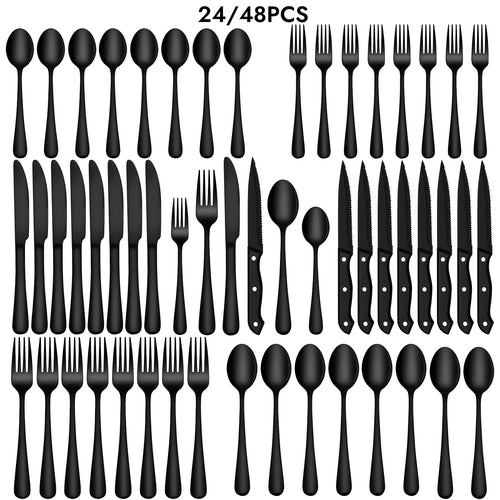 24/48pcs Black Silverware Set With Steak Knives Service For 4/8, Christmas Stainless Steel Flatware Set, Mirror Polished Kitchen Accessories, Home Kitchen Party Eating Tableware Set, Include Fork Knife Spoon Set, Dishwasher Safe (Silver, Black)