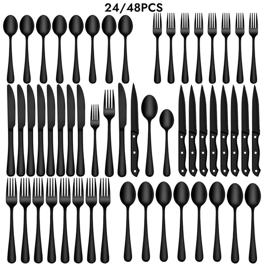 Stainless Steel Flatware Set with Steak Knives – 24/48 Piece Silverware Set Service for 4 or 8, Mirror Polished Cutlery, Dishwasher Safe, Silver & Black