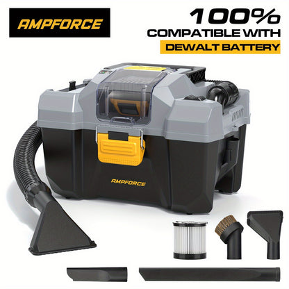 AMPFORCE 20V Cordless Wet/Dry Vacuum Set, 2 Gallon Capacity, Powerful Suction, Compatible With 20V De-WaIt Batteries (Battery Not Included), With Long Hose, Four Nozzles, A Replacement Cartridge, Ideal For Home, Car And Workshop