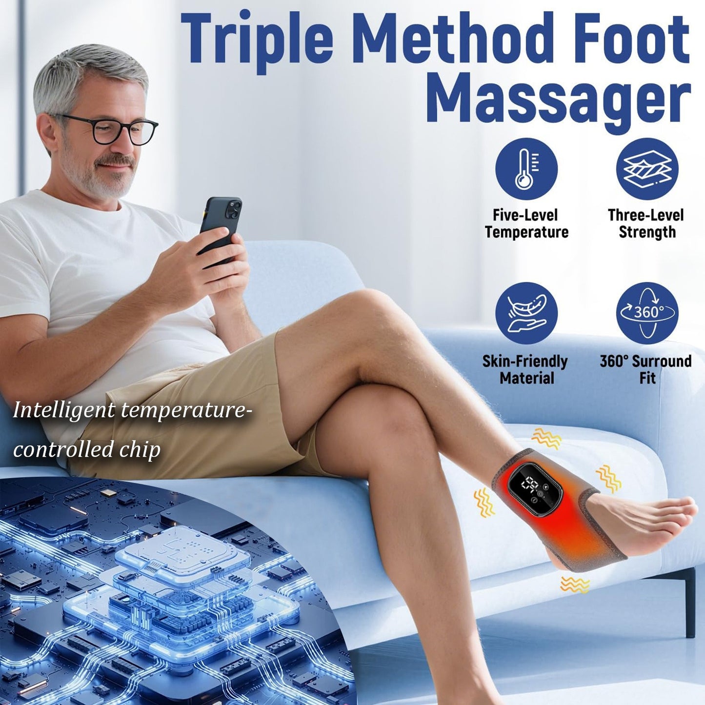 Foot Massager Machine 3-in-1 Kneading Compression & Heat – Wireless Portable Heated Shiatsu Foot Massager for Home Office Travel Pain Relief