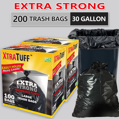 30 Gallon Trash Bags 200 Count – Black Large Garbage Bags, Ultra Strong Leak-Proof, 113.5L Heavy Duty Bags for Kitchen, Industrial, Garden & Commercial Use, 4 Rolls / 2 Boxes Value Pack