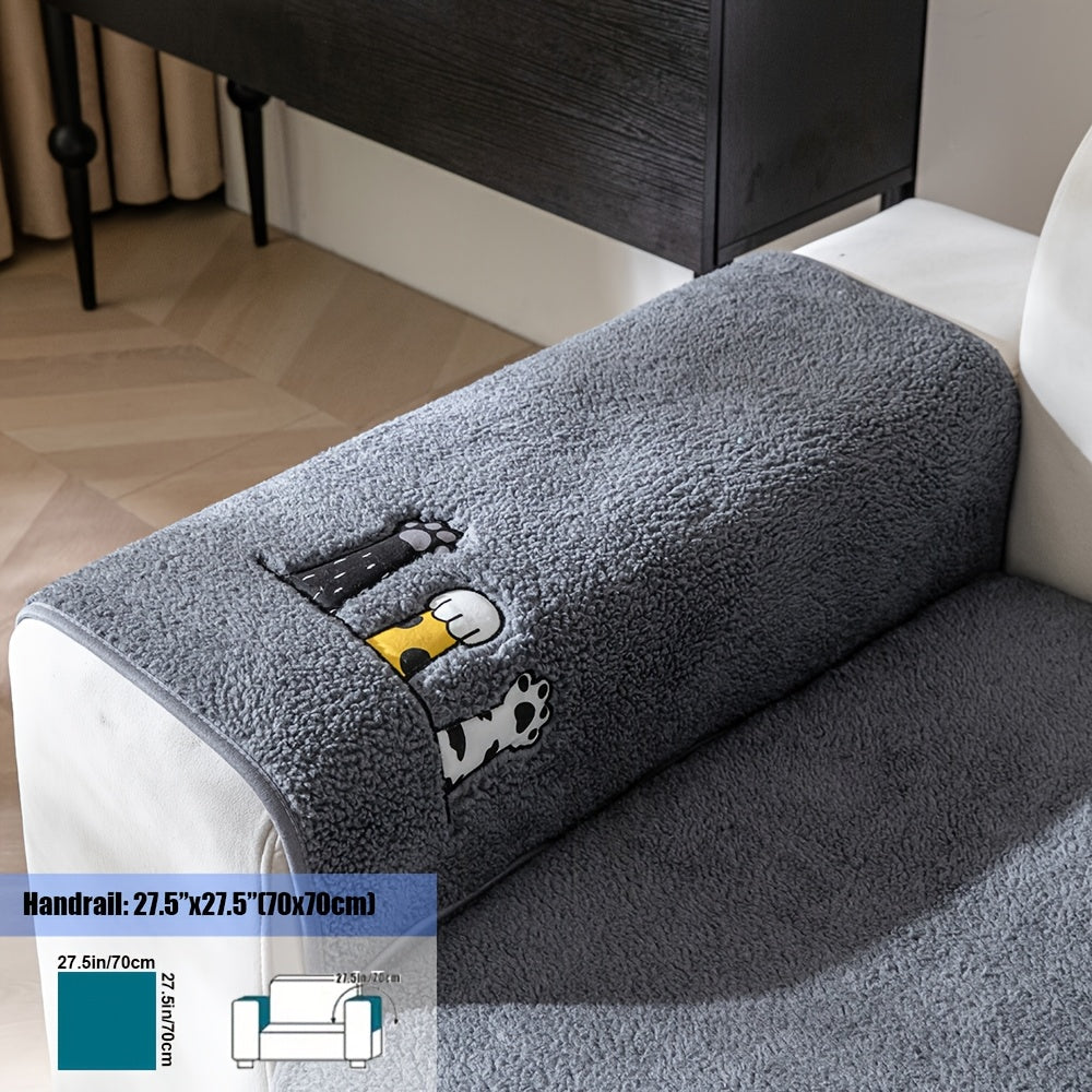 1pc Thickened Sherpa Sofa Couch Cover with Embroidered Cute Cat Paw , Thick Plush Seat Cushion Protector, Fuzzy Non Slip Sofa Slipcover, Pet-Friendly And Machine Washable Furniture Protector, Home Decor