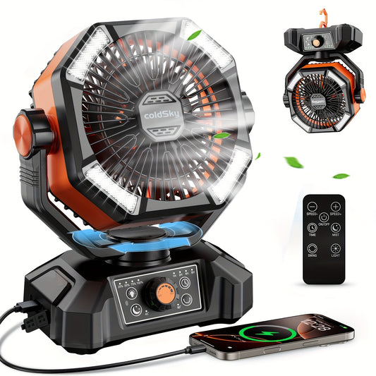 ColdSky Battery Powered Fan with 4 LED Lanterns, 20000mAh Camping Fan with Dual Motor, 8 Speed Desk Fan with Remote Control, Portable Outdoor Fan with Hook for Tent, Power Outage, Construction Site