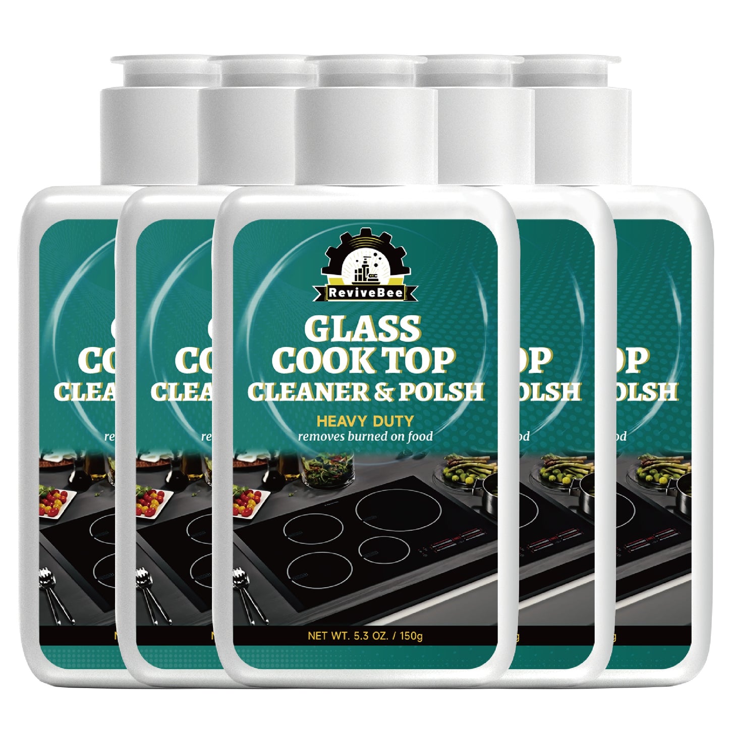 Glass Cooktop Cleaner and Polish – Powerful Stain Remover, Removes Oil Film, Water Spots & Burnt-On Residue, Long-Lasting Surface Protection for Ceramic & Induction Cooktops – 5 Pack Value Set