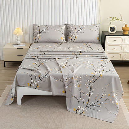 Fitted Sheet Set 4-Piece Plum Blossom Floral Print | Deep Pocket 15" Bed Sheets Twin Full Queen King | Soft Polyester Bedding Set with 2 Pillowcases, All-Season Machine Washable