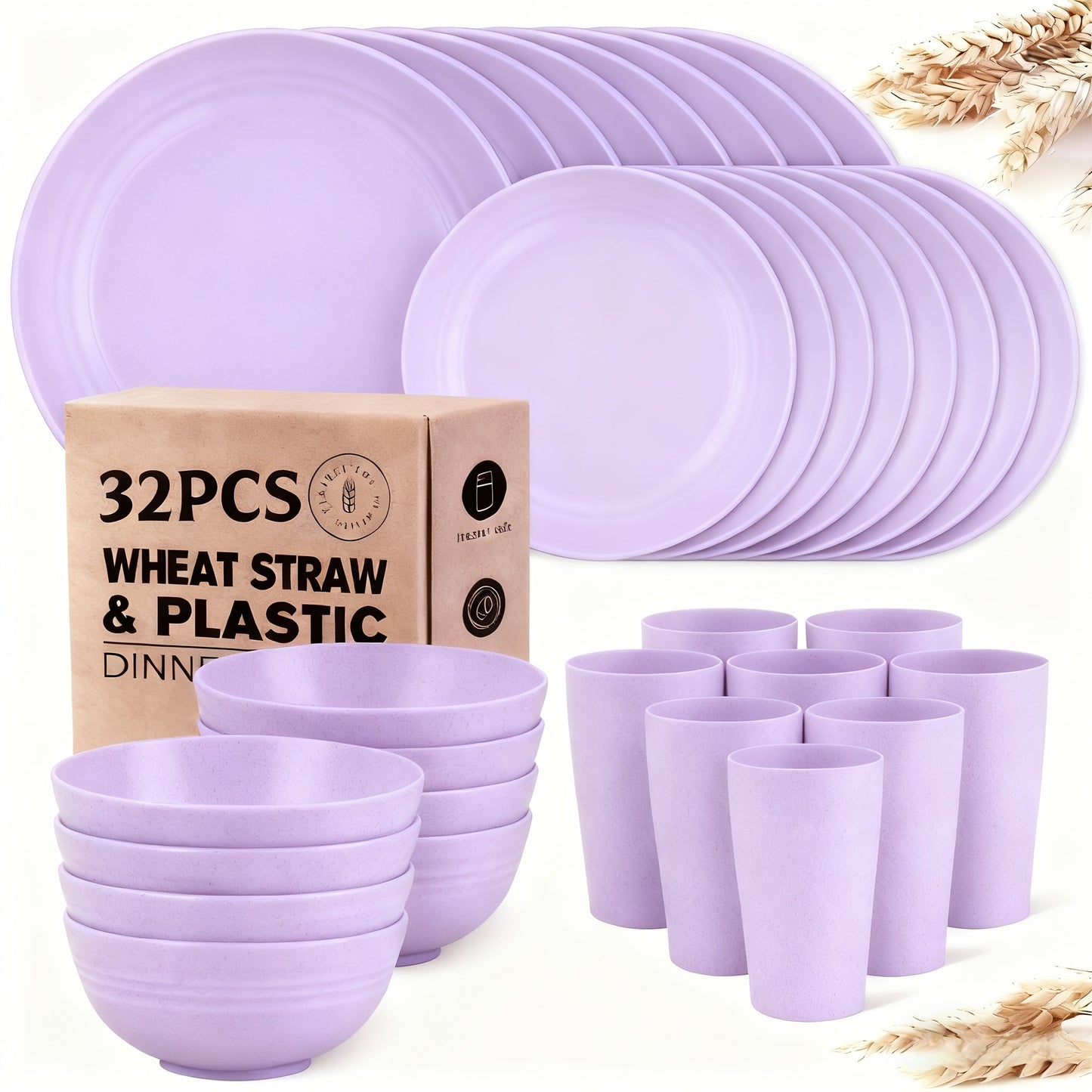 32/16pcs Dinnerware Sets Made from Wheat Straw, Including Plates And Bowls for 8 People, Featuring Black Plastic Dinnerware That Is Safe for Microwave And Dishwasher Use. This Dish Set Is Perfect for Valentine'S Day And Serves As a Durable Party Tab