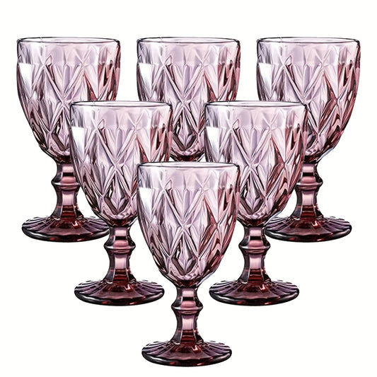 Diamond Pattern Colored Wine Glasses Set of 6 – 10 Oz Vintage Crystal Stemmed Goblets – Multi-Color Glassware for Party, Wedding, Bar, Water & Juice – Pink, Green, Blue Stemware