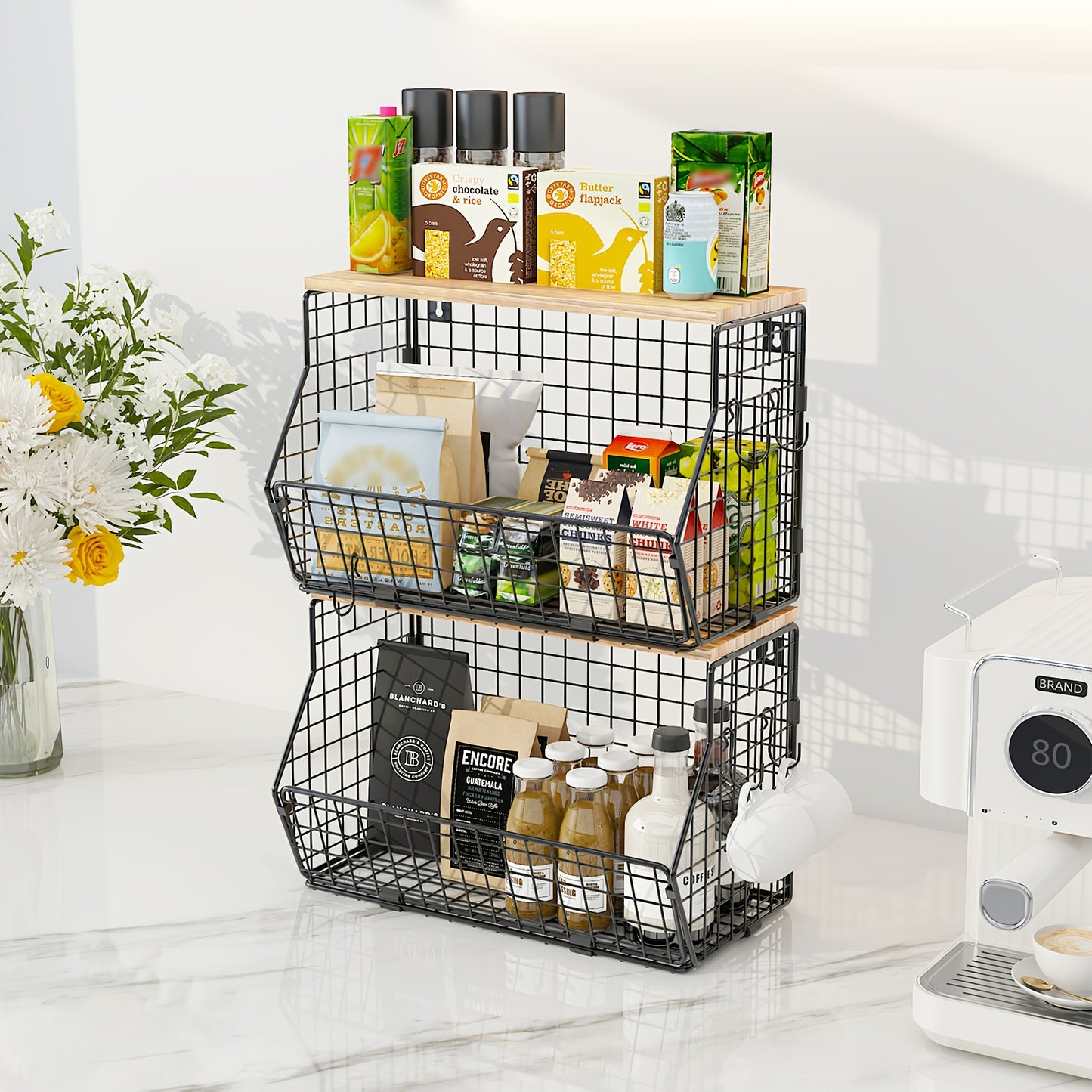 1-Tier or 2-Tier Stackable Metal Wire Fruit Basket with Lid - Hanging Kitchen Pantry Storage Bin, Space-Saving Vertical Organizer Suitable for Countertop, Wall-Mounted Potato & Onion Bin, Installation (1 or 2-Tier)
