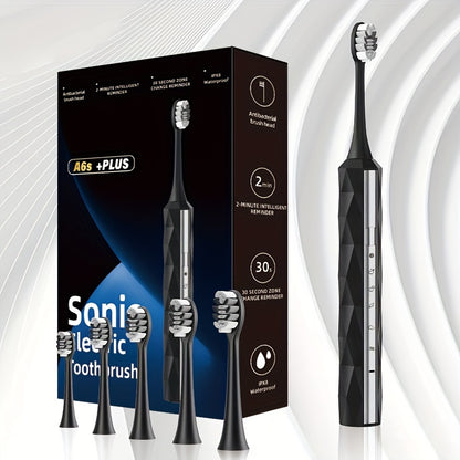 Sonic Electric Toothbrush IPX8 Waterproof – USB Rechargeable, Smart Timer, Metal Handle, 5 Replacement Brush Heads, Soft Bristles for Adults Men & Women – Black & Blue