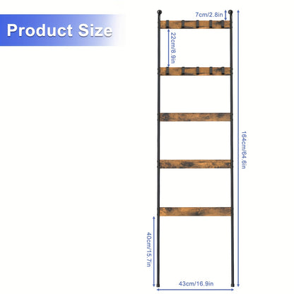 Five-Tier Blanket Ladder with Ten Detachable Hooks, Designed in a Farmhouse Style for Use in Living Rooms Or Bathrooms, Serving As a Decorative Wall-Mounted Wooden Rack for Quilts And Towel Drying