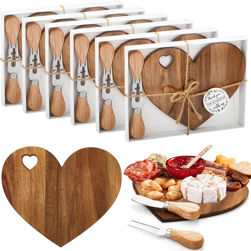 12/6Set Bridal Shower Favor Heart Cheese Board Cheese Knives Wood Mini Charcuterie Board Thank You Gift Box For Guest Bridal Prize Wedding Birthday Valentines And Christmas(Acacia & )
