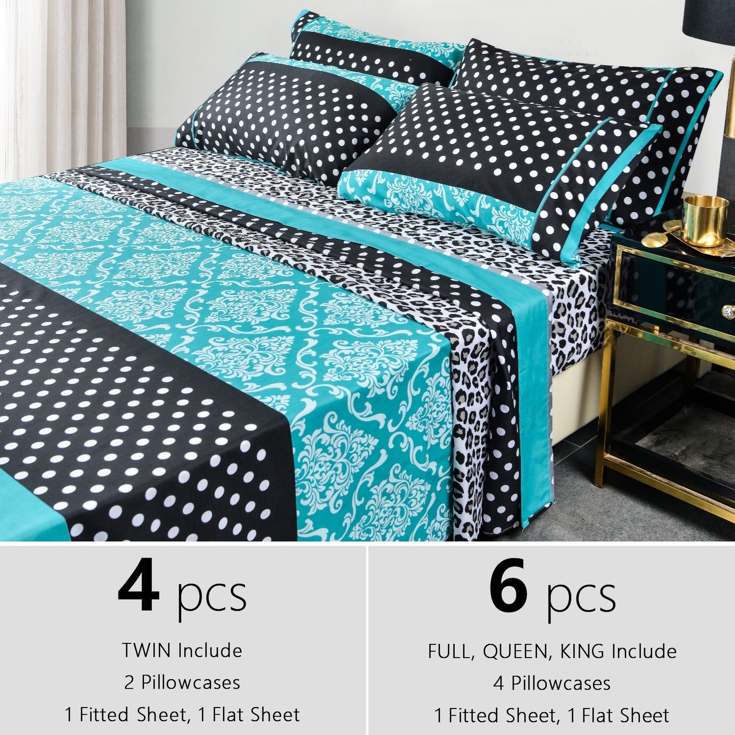 4/6pcs Printed Microfiber Bed Sheet Set – Easy Care, Lightweight, Breathable, and Soft - 14 inches Deep Pocket - Patchwork Patterned - Twin, Full, Queen and King