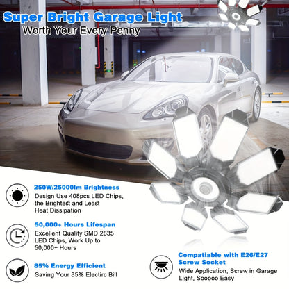 LED Garage Lights 25000LM Deformable – 250W Equivalent E26/E27 Screw-In Ceiling Shop Light with 6+1 / 8+1 Adjustable Panels for Garage, Basement, Attic & Warehouse (1, 2 or 4-Pack)