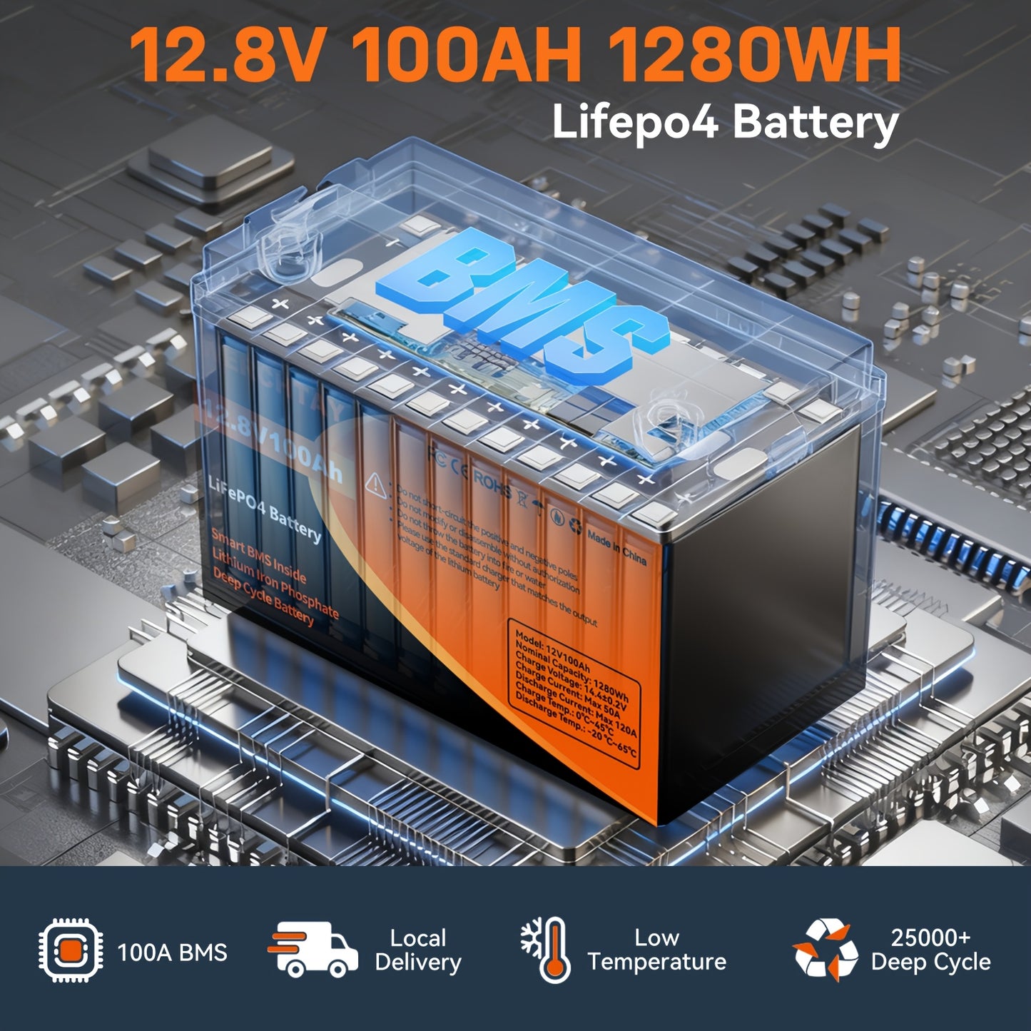 LiFePO4 Battery 12.8V 100Ah 200Ah 300Ah A+ Grade Cells 25000 Deep Cycles Intelligent BMS for Home Energy Storage RV Off-Grid Solar Camping Outdoor Power