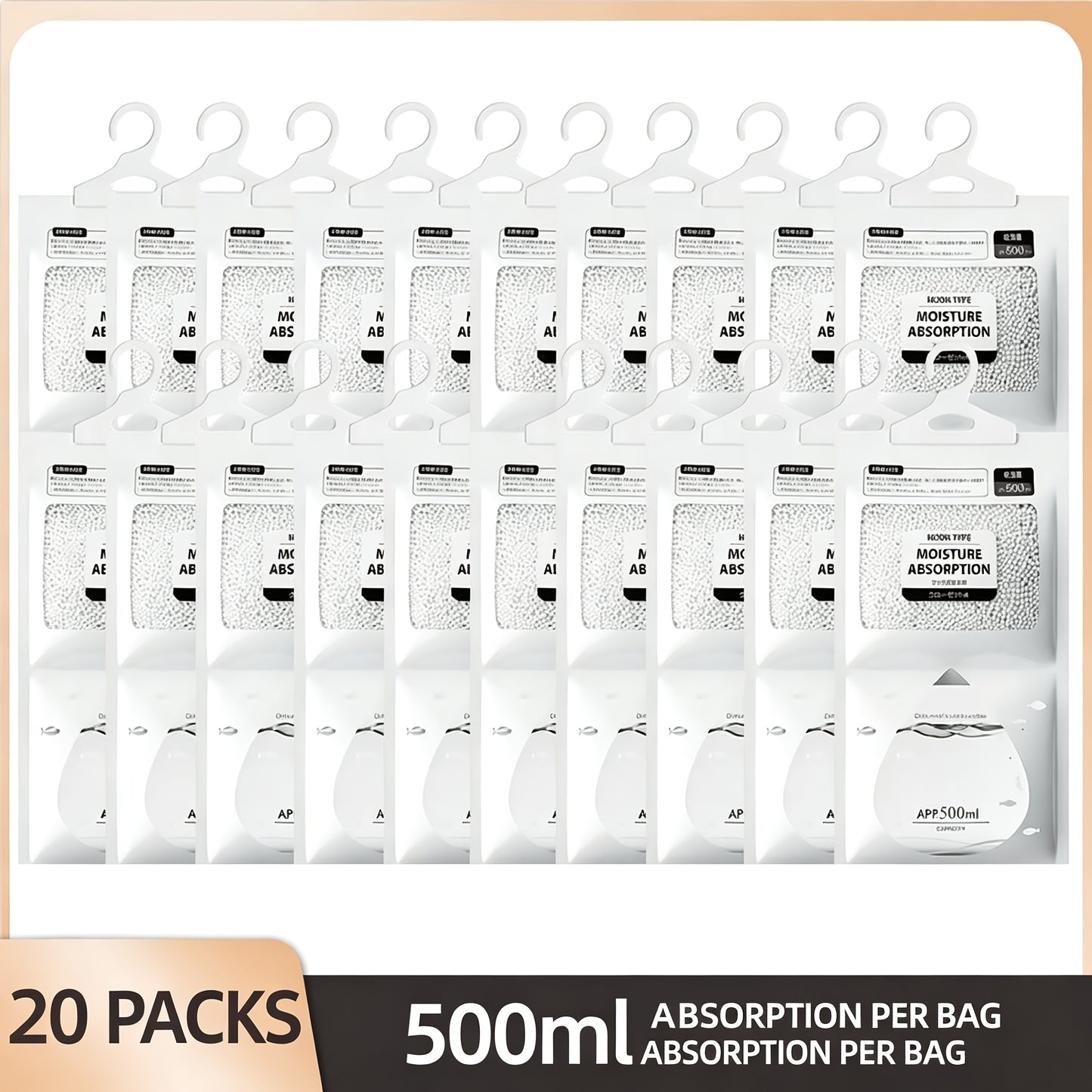20 Power-Free Hanging Dehumidification Bags - 90 Days of Continuous Moisture Absorption, Suitable for Wardrobes, Bedrooms, Bathrooms - Reusable Plastic Dehumidifiers with Hooks, for Modern Design Rooms