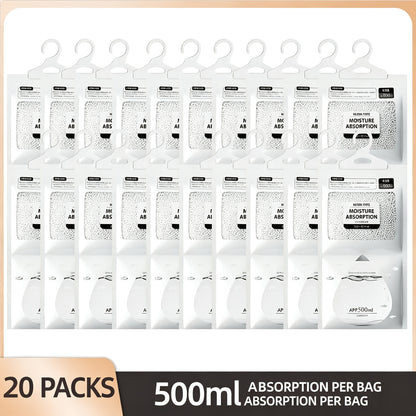 20 Power-Free Hanging Dehumidification Bags - 90 Days of Continuous Moisture Absorption, Suitable for Wardrobes, Bedrooms, Bathrooms - Reusable Plastic Dehumidifiers with Hooks, for Modern Design Rooms