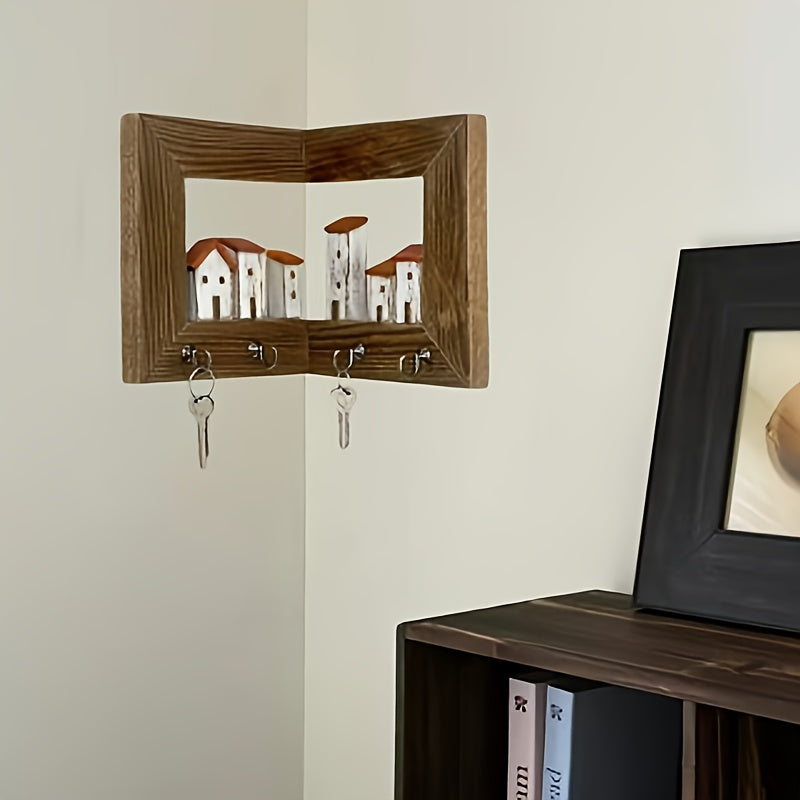 Rustic Style Wall-mounted Key Rack, Featuring 6 Rustic-style Houses, A Wall-mounted Key Holder with Hooks, Wooden Entrance Storage Rack Suitable for Bedroom, Home Wall Display, Art Wall Storage, Art And Craft Wall Display Rack,, Christmas Gift.