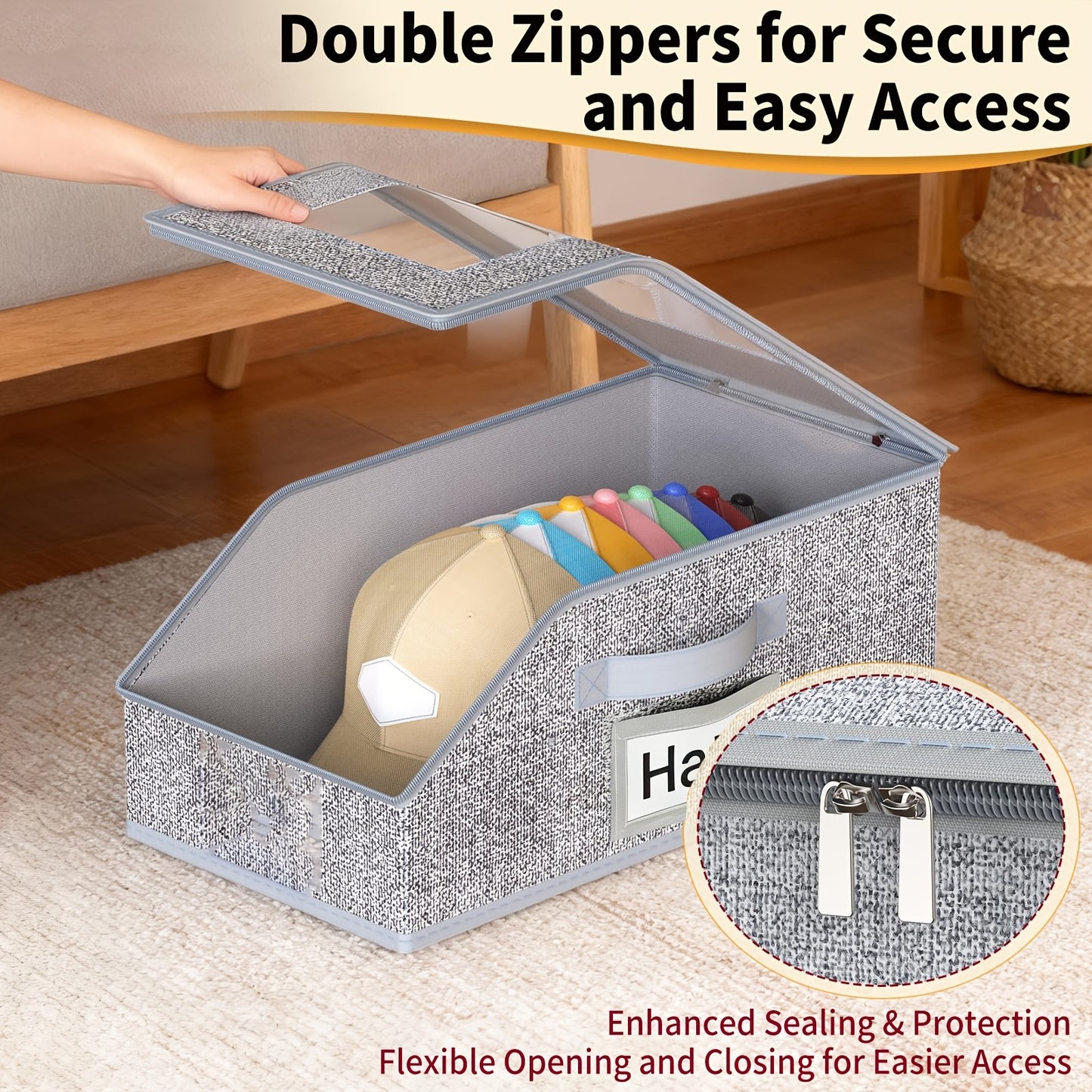2 Baseball Cap Storage Boxes - Hat Organizer For Baseball Caps, Large Capacity Foldable, Stackable, Zippered Dustproof Multi-Purpose Closet Organizer, Suitable For Hats, Clothes, Durable Fabric Material
