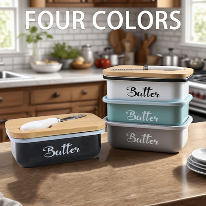 Iron Butter Tray with Bamboo Cover and Knife Large Capacity - Airtight Cheese Storage Box Kitchen Storage Items - Complete Colors - Mother's Day Thanksgiving Christmas Gifts Butter Storage Container Holiday Serving Elegant Durable