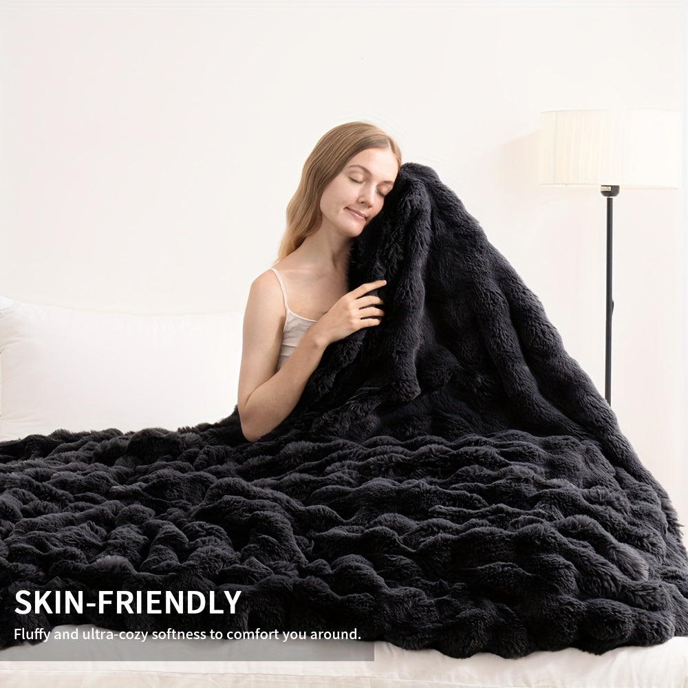 1PC Faux Rabbit Fur Queen Blanket For Bed, Thick & Warm Bed Blankets For Winter, Soft Cozy Fluffy Decorative Blankets For Living Room, Bedroom, Heavy Furry Luxury Blanket Gifts