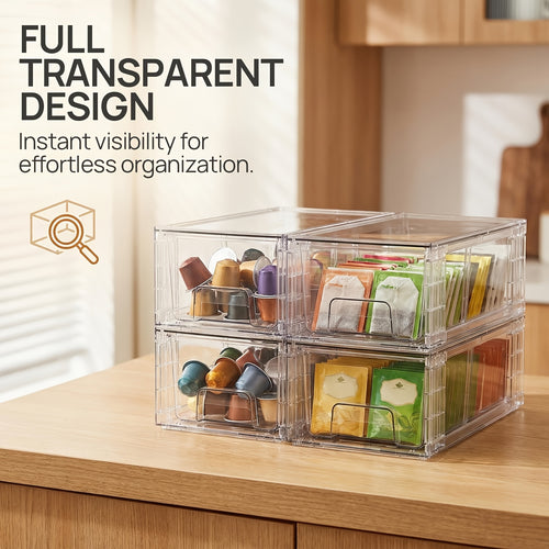 Clear Acrylic Storage Drawers with Handles - Stackable Refrigerator and Pantry Organizer Bins for Snacks Fruits and Vegetables, Food Safe Pull-Out Drawer Bins for Fridge Kitchen Cabinet Under Sink and Bathroom, Available in 4, 6, 8 or 10 Pack