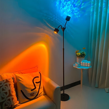 Sunset Ocean Wave Projector Lamp, Double Headed RGB Mood Light with 360° Rotation, 3D Ripple Effect, DIY Colors, for Bedroom, Living Room, Parties Black