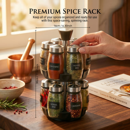 Glass Spice Jar Set with Rotating Rack – Airtight Kitchen Spice Organizer with 360° Stainless Steel Stand – Food Grade Glass Seasoning Bottles for Pantry, Cabinet & Countertop Storage – 6 or 12 Piece