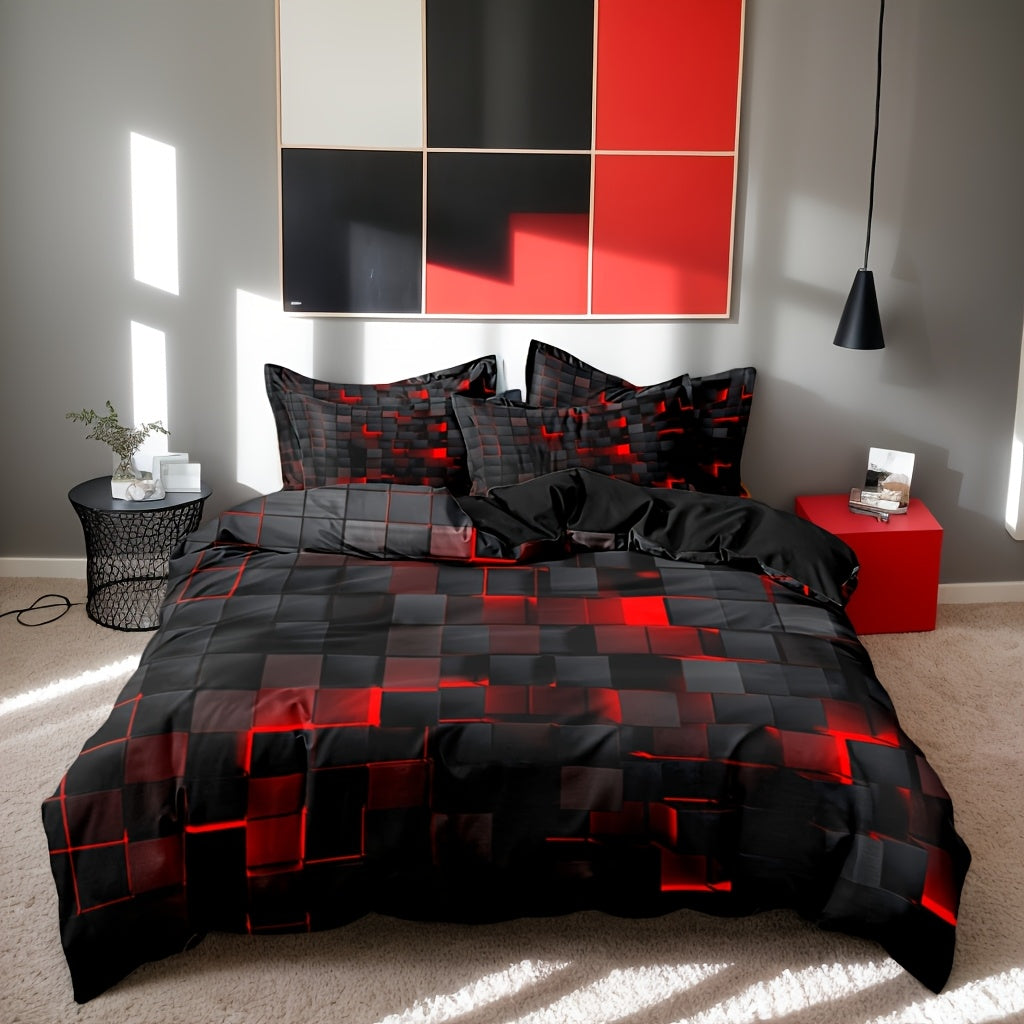 3D Geometric Cube Design Quilt Cover Set | 3-Piece Polyester Bedding | Black & Blue Grid Print | All-Season Soft Cover | 1 Duvet Cover + 2 Pillowcases | Machine Washable