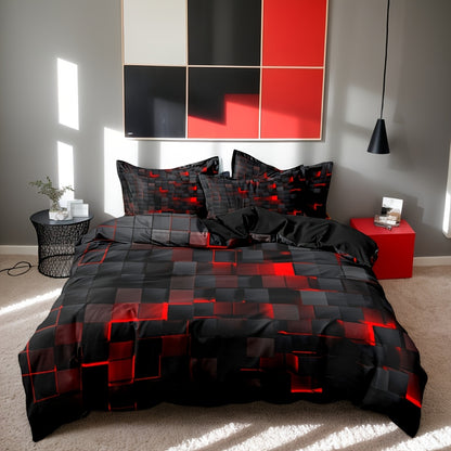 3D Geometric Cube Design Quilt Cover Set | 3-Piece Polyester Bedding | Black & Blue Grid Print | All-Season Soft Cover | 1 Duvet Cover + 2 Pillowcases | Machine Washable