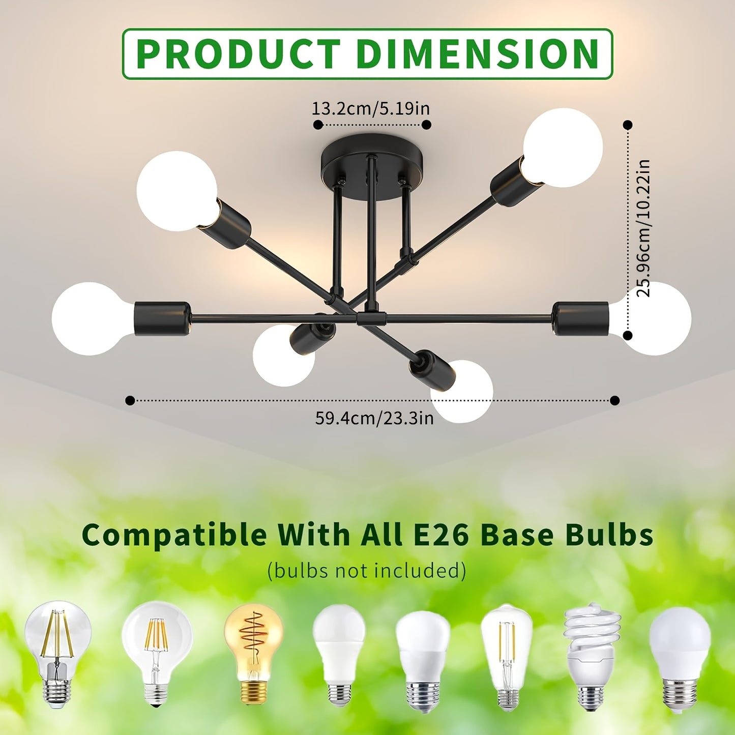 Black Modern Sputnik Chandelier Ceiling Light Fixtures, 6-Lights Industrial Metal Semi Flush Mount Ceiling Light Bedroom Dining Room Living Room Kitchen Hallway Listed