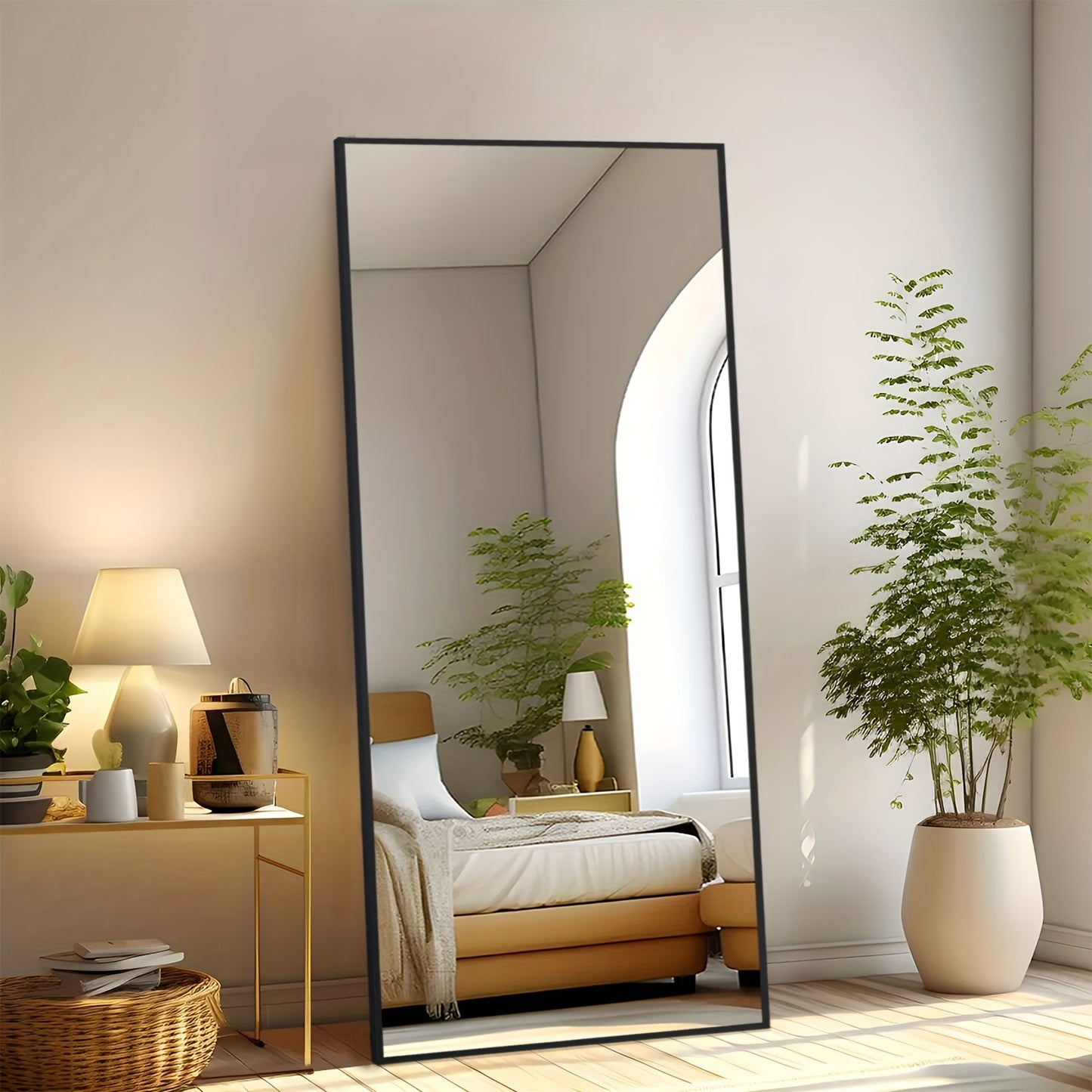 Arched/Rect Full Length Mirror, Full Body Mirror With Stand, Hanging Or Leaning For Wall, Aluminum Alloy Thin Frame Floor Standing For Hotels And Bathrooms