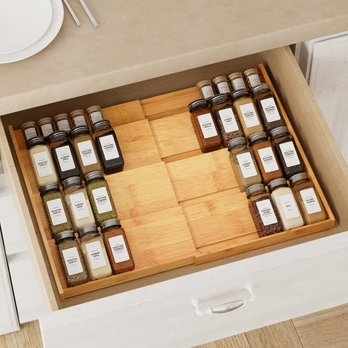 Expandable 4-Tier Bamboo Spice Drawer Organizer For Kitchen Cabinets, Fits Drawers 3" Deep, Adjustable Width 12" To 23", Space-Saving Seasoning Storage Tray (Jars Not Included)