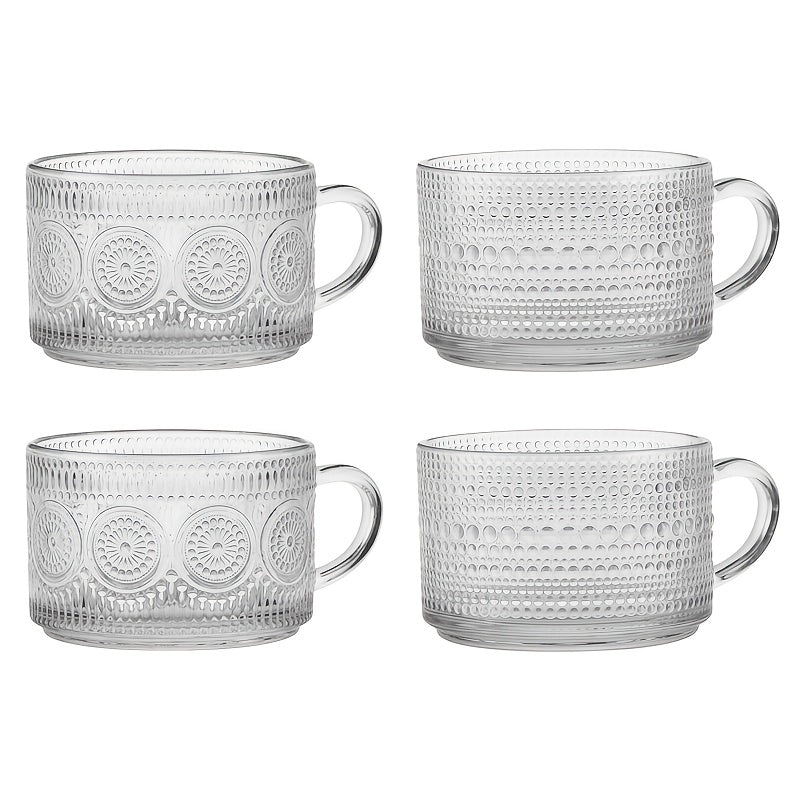 Set of 4 Vintage Coffee Cups, 450Ml/15.2Oz, with Bamboo Lids And Spoons for Overnight Oats - Embossed Glass Cups, Charming Coffee Bar Additions, Iced Coffee Cups, Perfect for Cappuccinos And Lattes