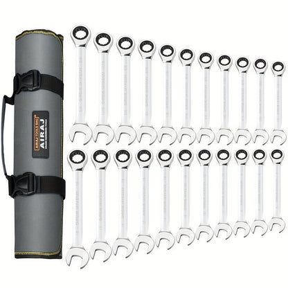 Ratcheting Wrench Set 22pcs, SAE 1/4-3/4 Inch & 6-18 Mm, Standard Combination Ratchet Wrenches Set For Car Repair And Household Equipment Repair, Chrome Vanadium Steel, Portable Handbag